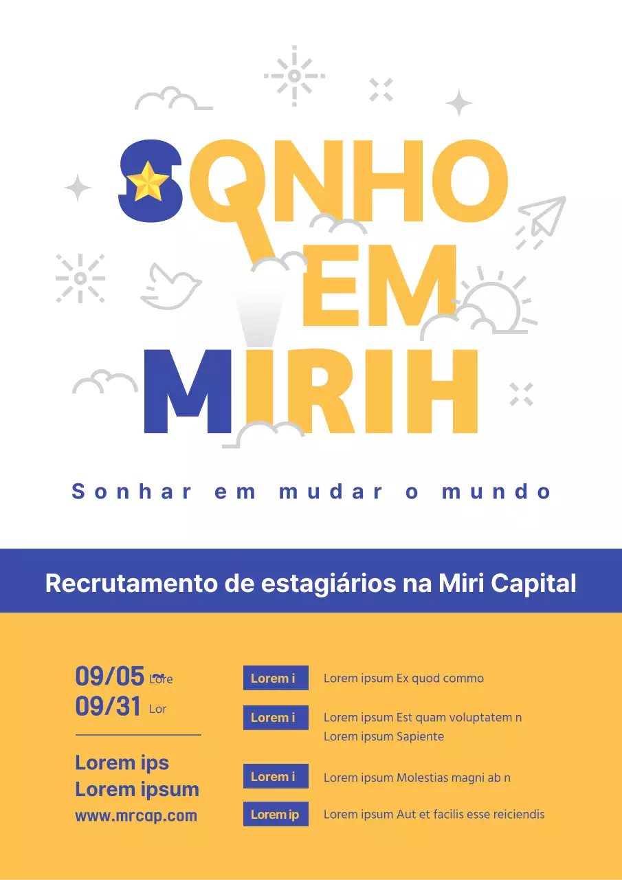Tema amarelo azul-marinho para publicação de vagas de estágio com conceito de tipografia limpa