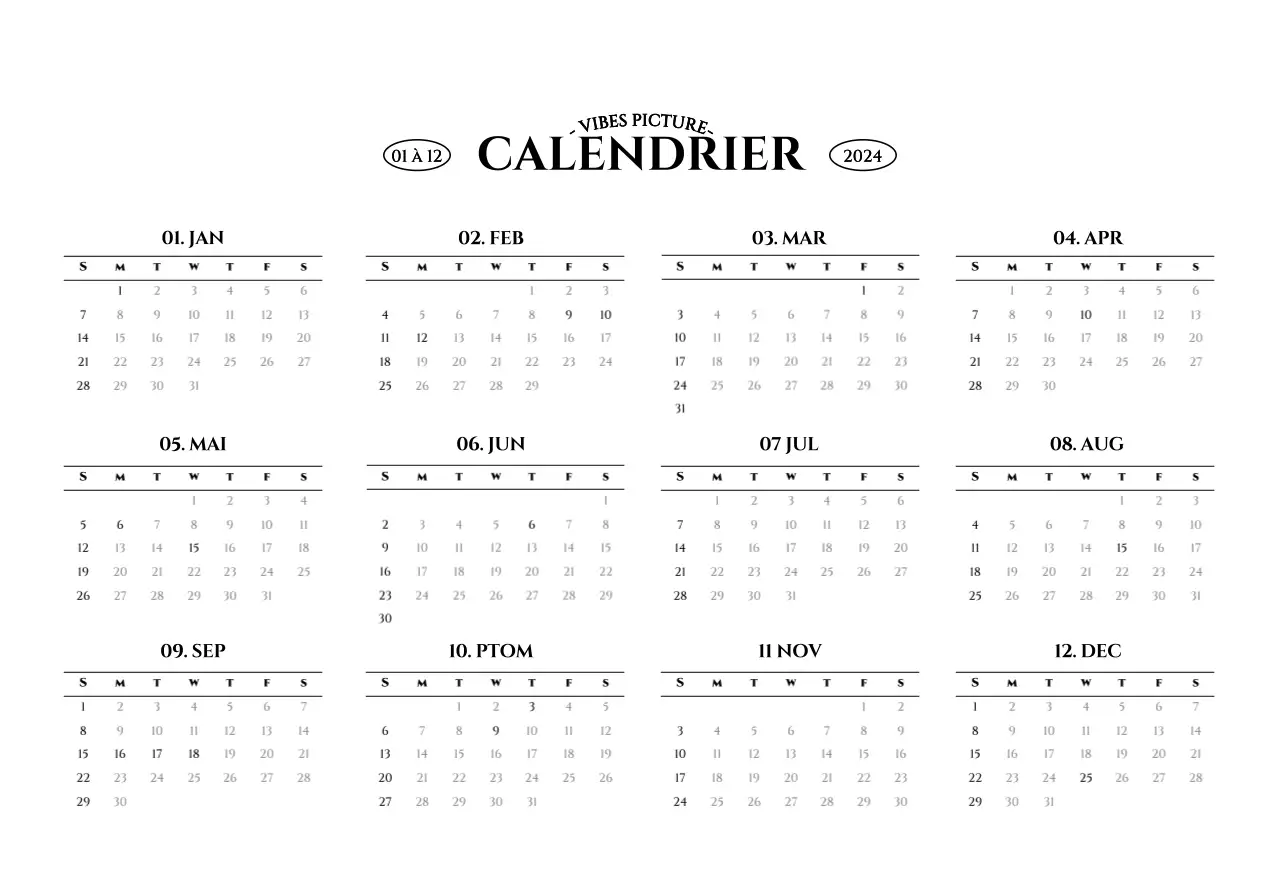 Calendrier mural de style simple avec concept de photographie de voyage émotionnelle en noir et blanc