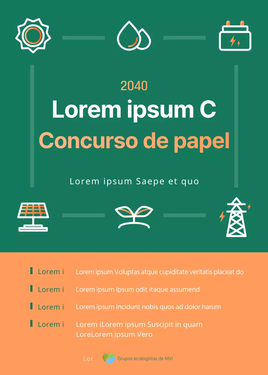 Concepto de icono sencillo verde y naranja Anuncio de concurso de papel comercial renovable respetuoso con el medio ambiente