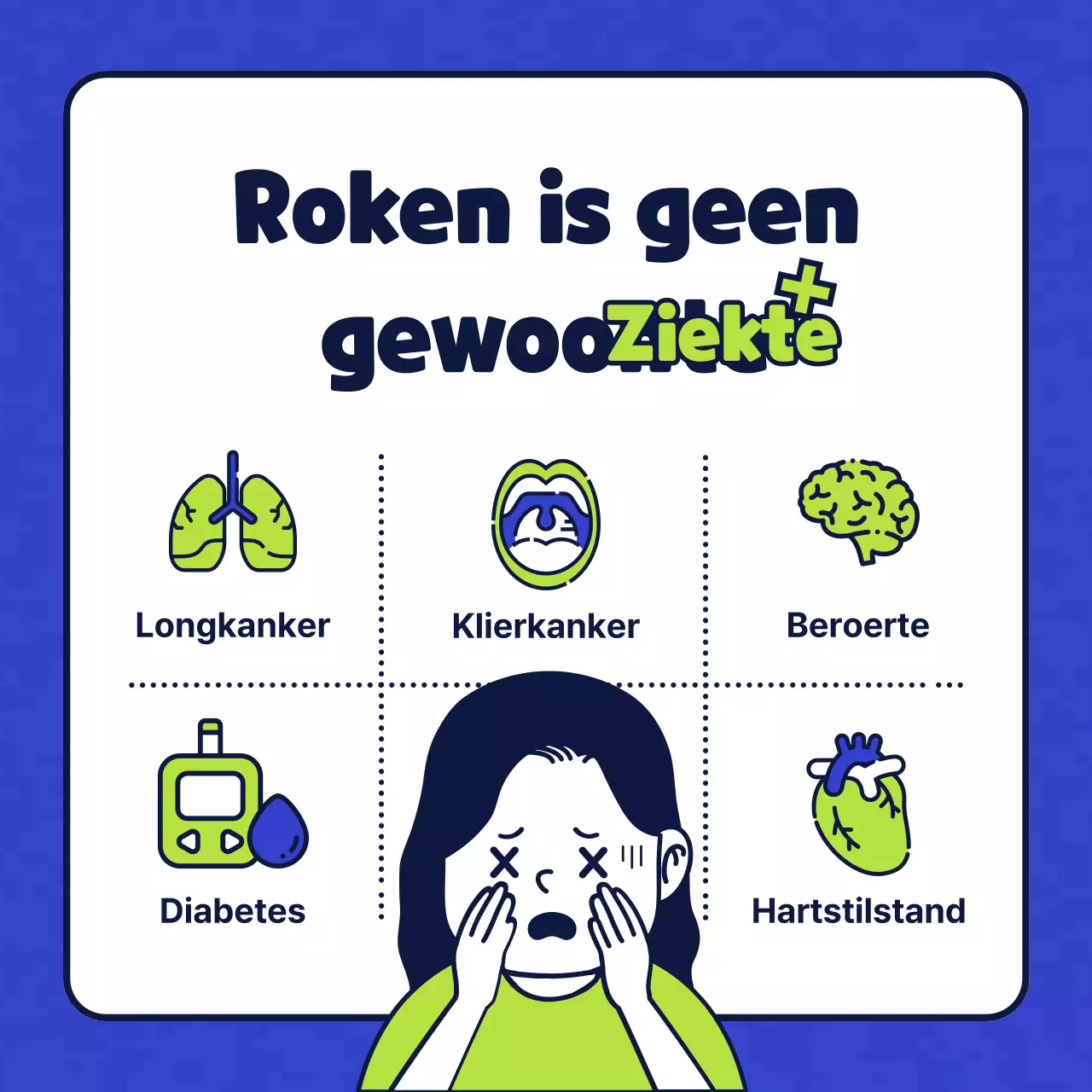 Eenvoudige karakterillustratie in blauw en chartreuse ter introductie van een tabaksvrije gezondheidskliniek.