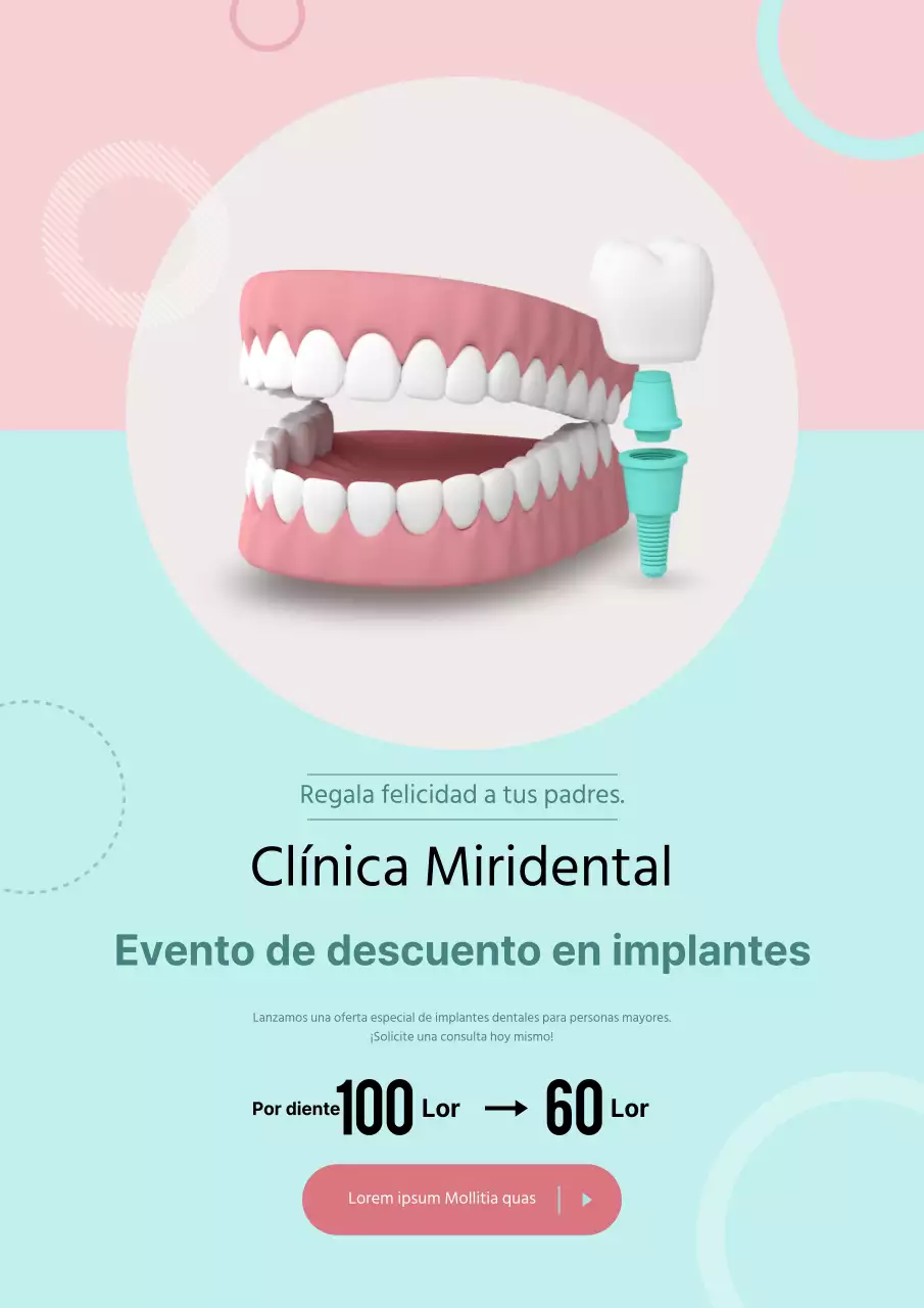 Evento sobre implantes dentales con ilustraciones de dientes de color rosa y menta