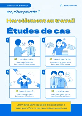 Webposter illustré bleu et jaune sur le harcèlement au travail