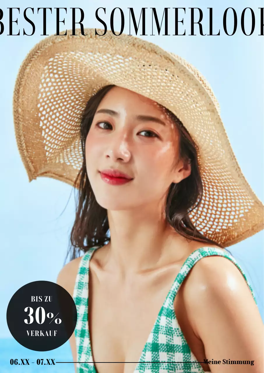 Sommerkleidung Modell mit einem Hut auf einem blauen Hintergrund