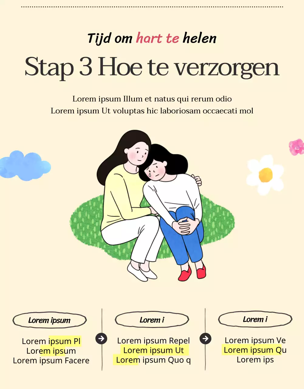 Een jeugdpsychologisch adviescentrum met warme en uitnodigende illustraties in beige en primaire kleuren.
