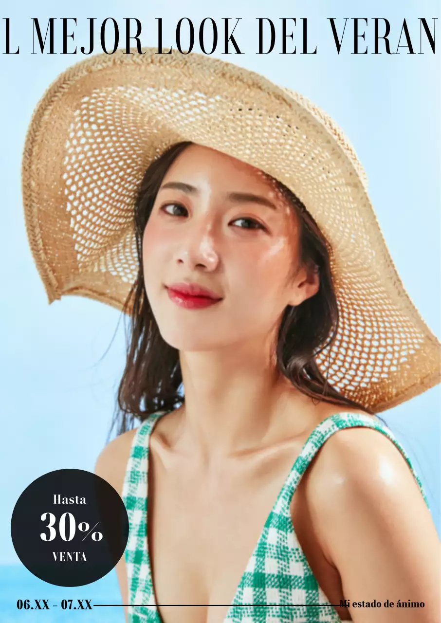 Modelo de ropa de verano con sombrero sobre fondo azul