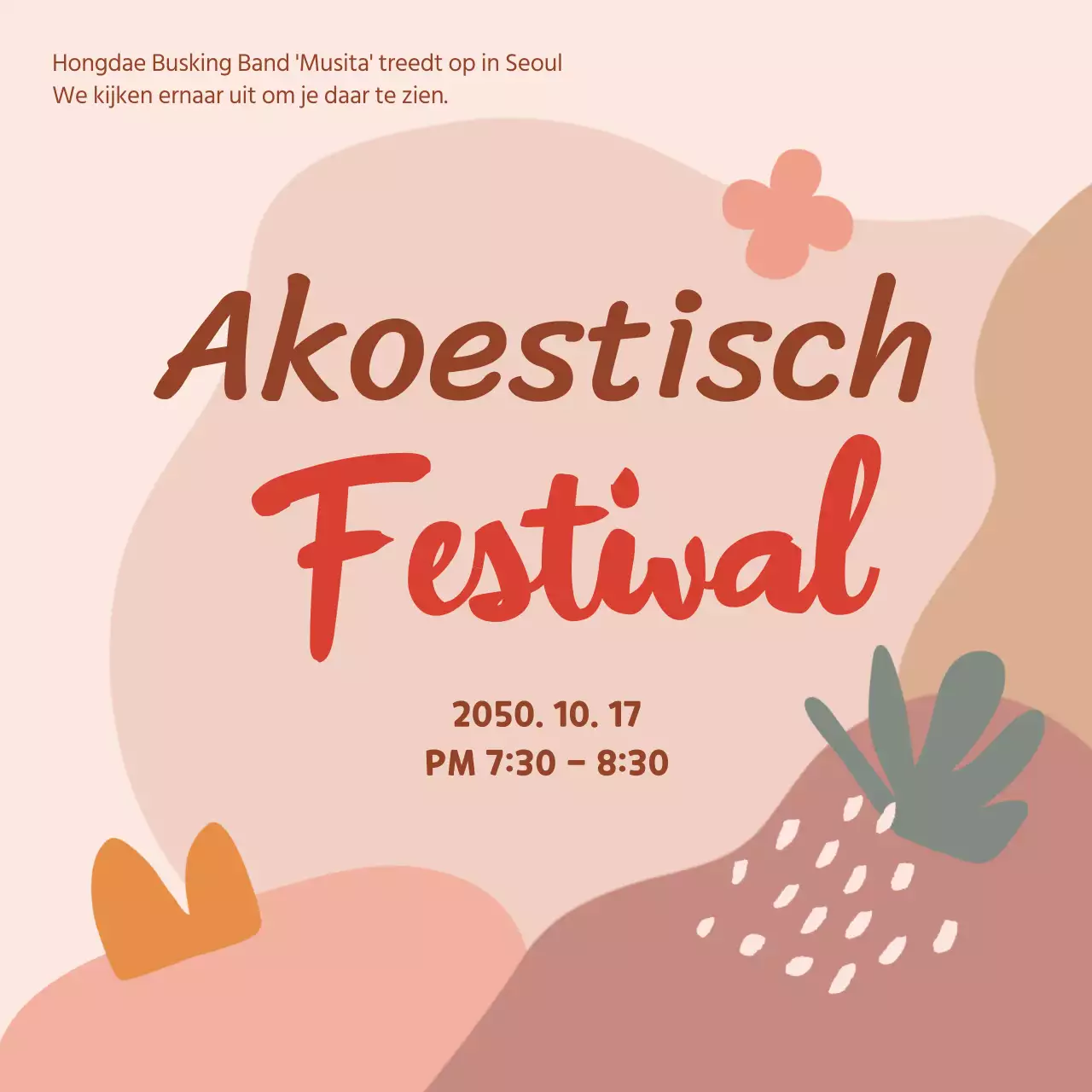 Eenvoudige akoestische aankondiging voor een herfstoptreden in beige en rood