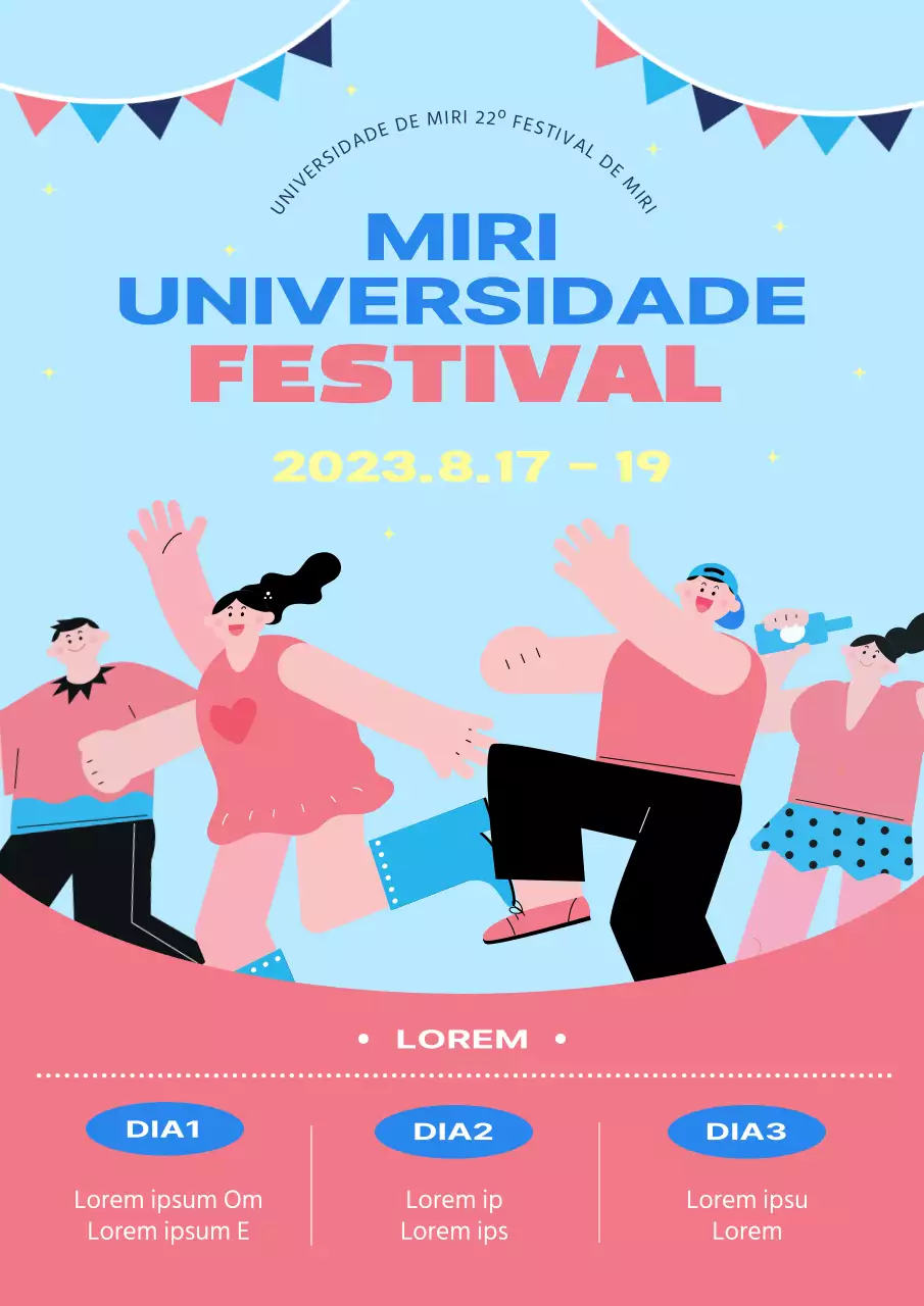 Cartaz de festival universitário com um fundo azul claro e cor-de-rosa