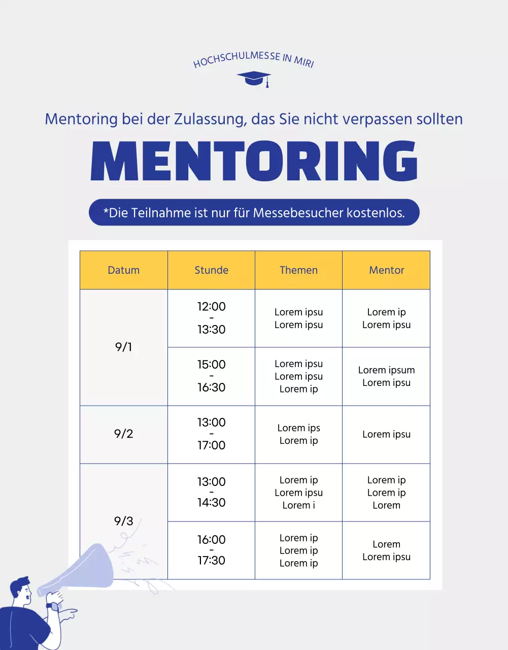Blaue und gelbe Illustration einer Messe für Hochschulzulassungen