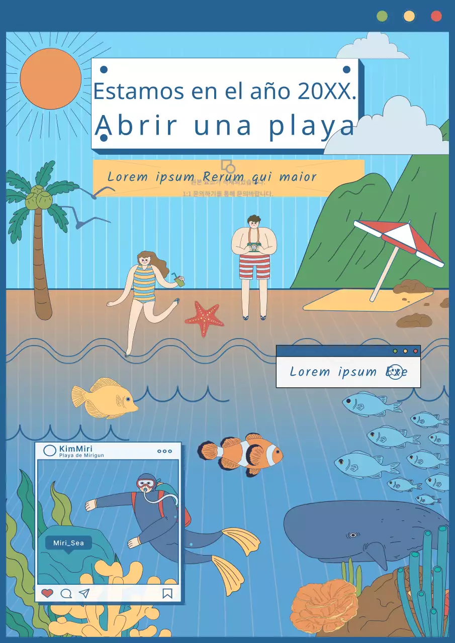 Anuncio de apertura de una playa con ilustración conceptual emergente azul del océano
