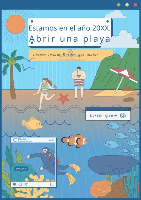 Anuncio de apertura de una playa con ilustración conceptual emergente azul del océano