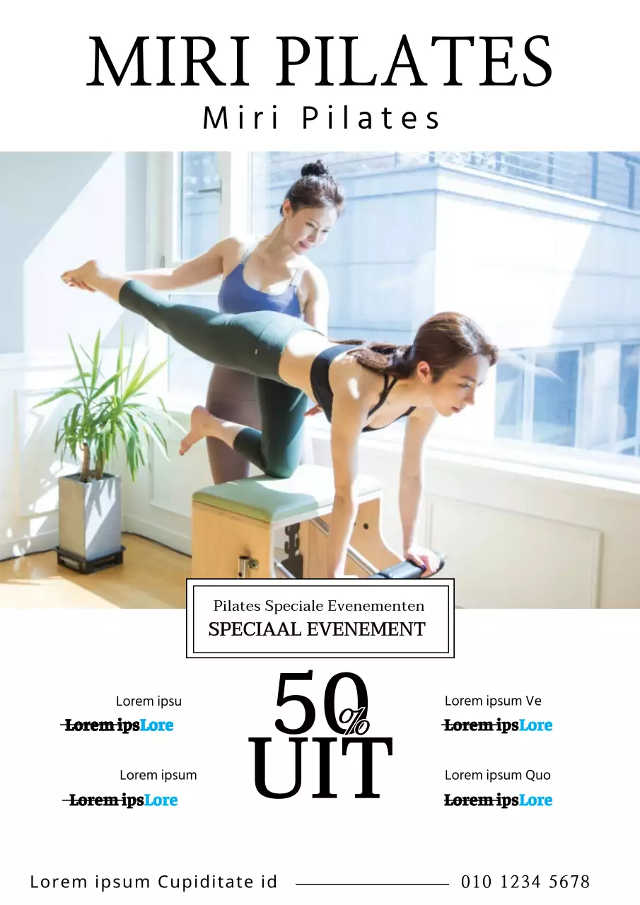 Eenvoudige kortingsactie voor scholen met een wit-zwarte foto van een leerling die Pilates doet