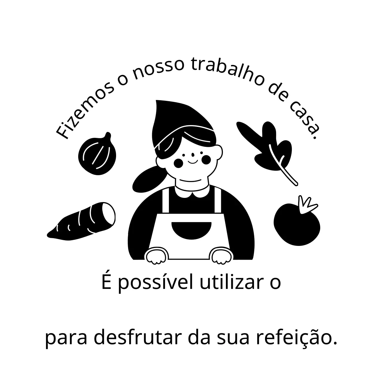 Um desenho com o texto de entrega em preto, com ilustrações de pessoas giras e ingredientes coloridos.