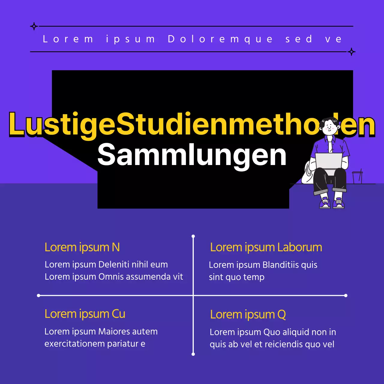 Eine Sammlung lustiger Studientipps von lila und gelben Studenten