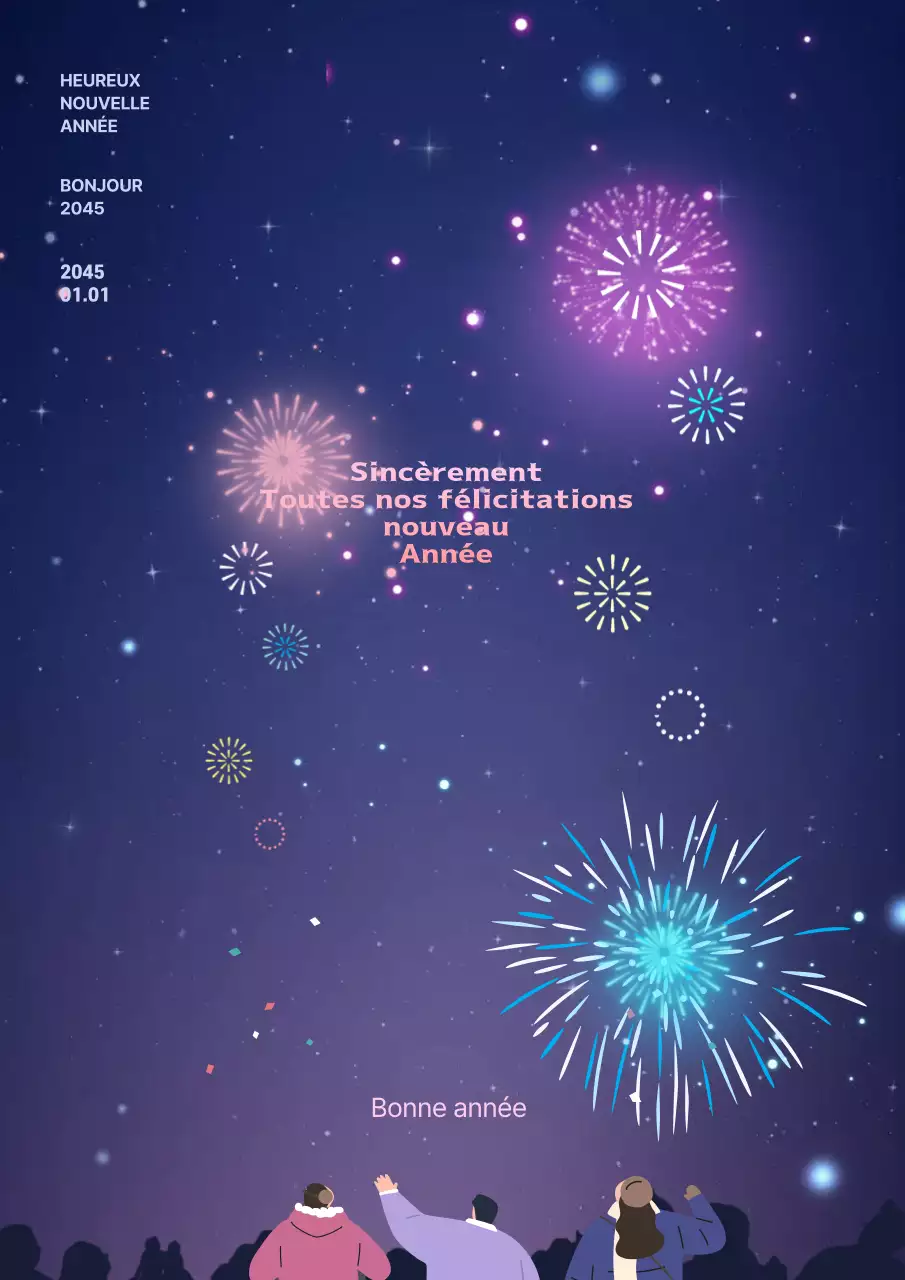 Affiche du Nouvel An avec vue nocturne en violet Illustration des feux d'artifice de la Saint-Sylvestre