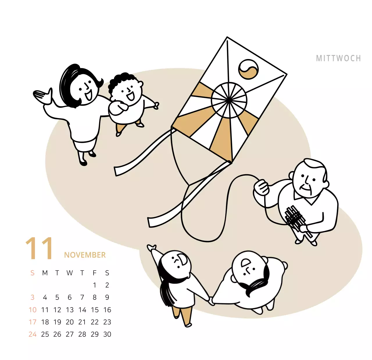 Niedlich illustrierter grüner Tischkalender mit Familienthemen