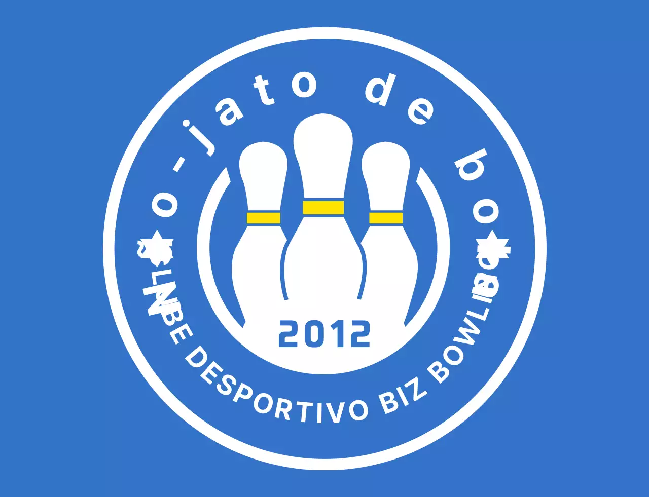 Uma ilustração e um logótipo de emblema de bowling simples em azul claro, branco e amarelo para um clube desportivo de bowling.