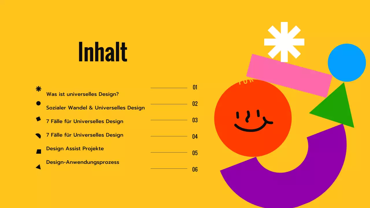Einführung in das Universelle Design mit schwarz-gelben ausdrucksstarken Formen