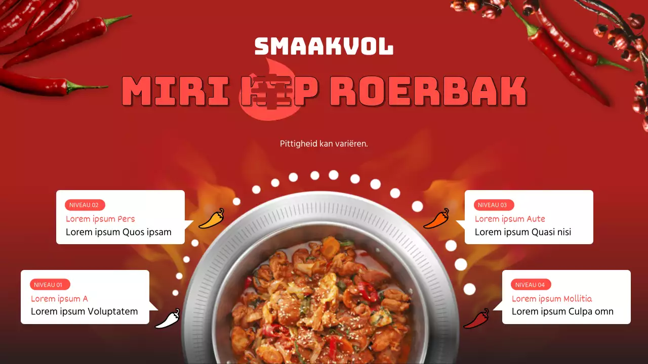 Rood fotorealistisch concept kip roerbak met pittige stappen thema