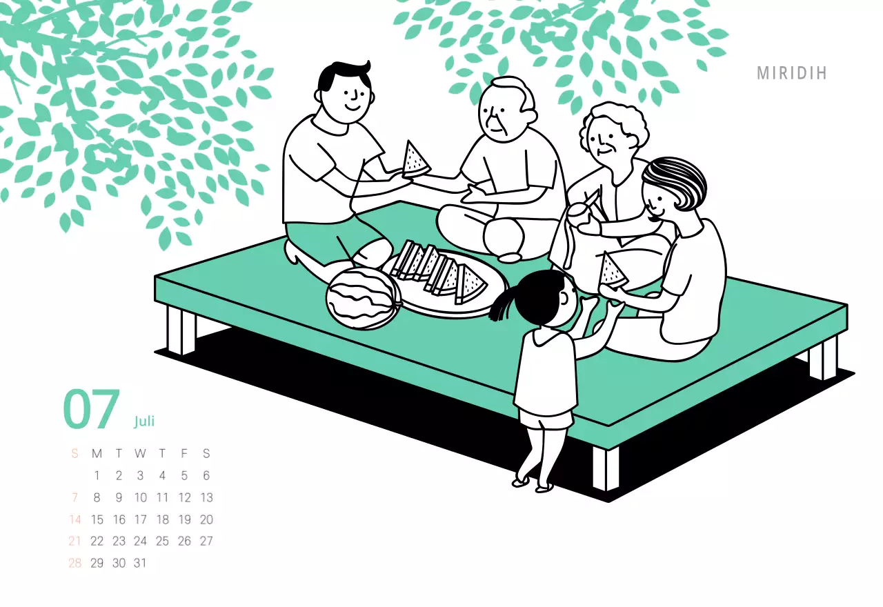 Schattige geïllustreerde groene bureaukalender met familiethema