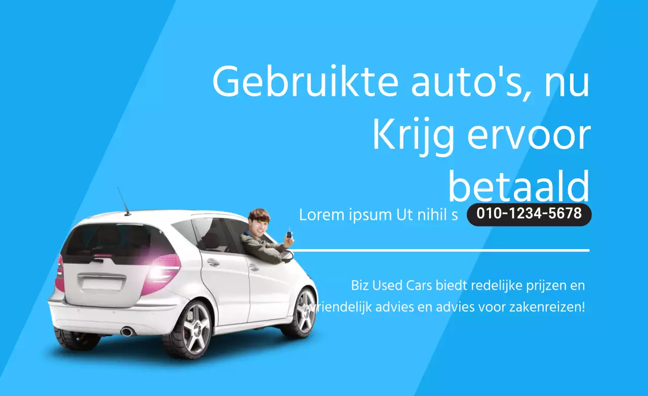 Eenvoudige tekstopmaak in lichtblauw en wit met informatie over het centrum voor tweedehands auto's