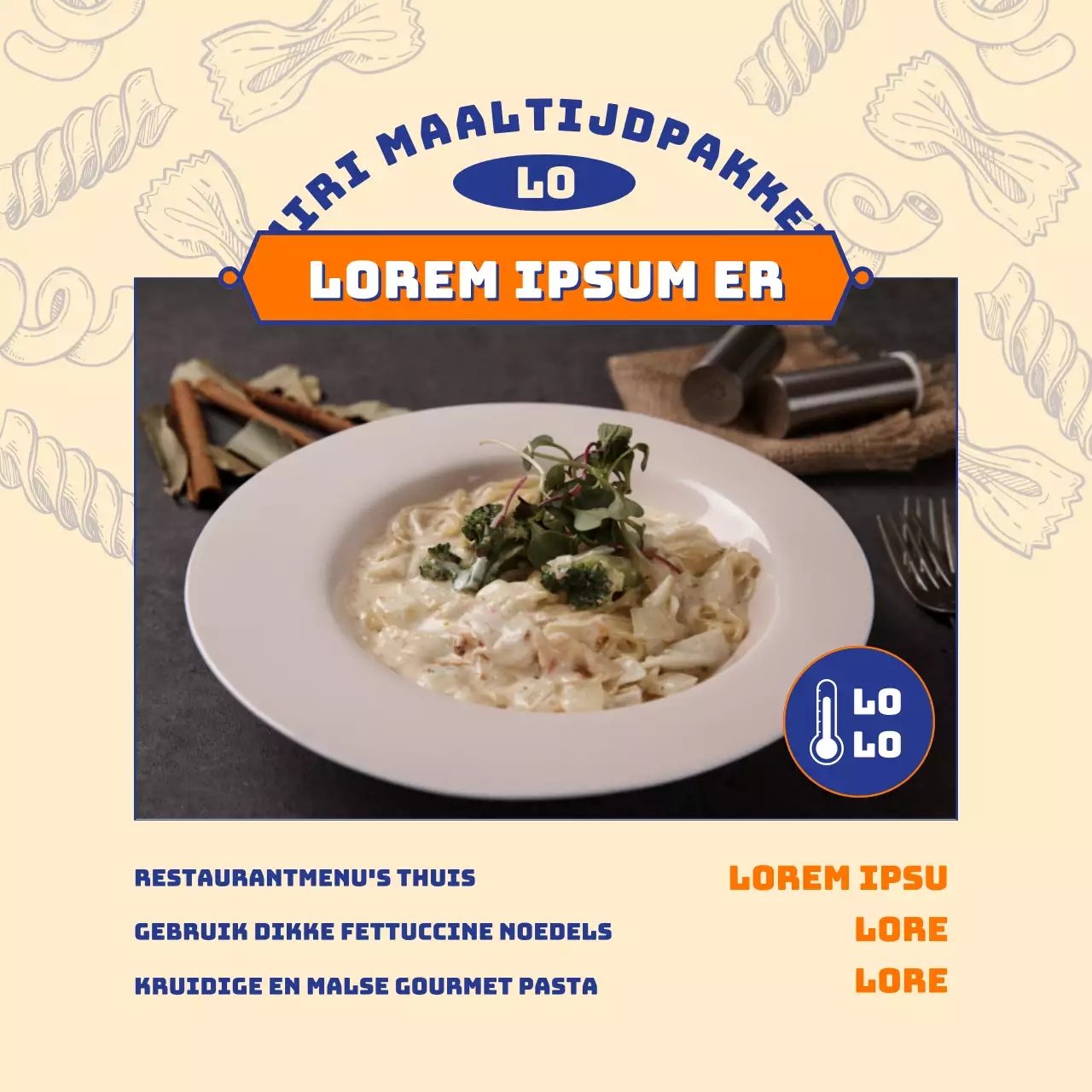 Promoot een moderne pastamaaltijdkit in geel en oranje