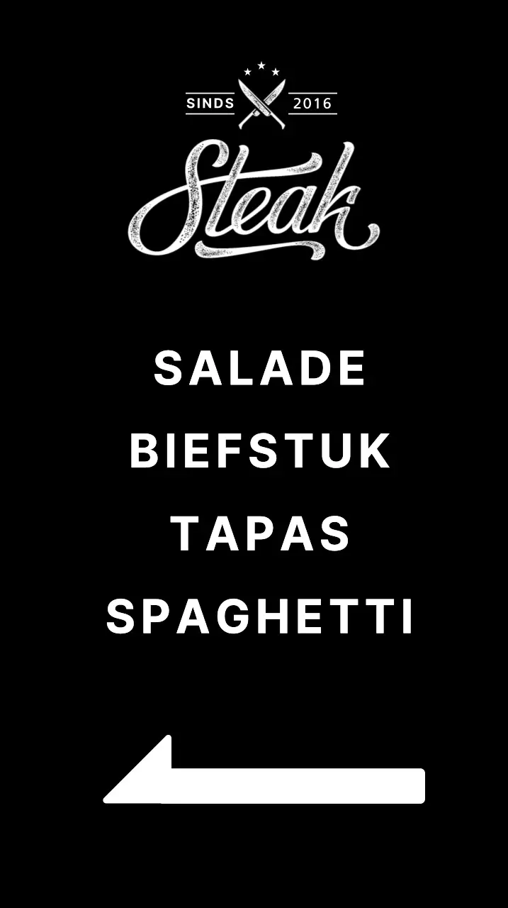 Restaurant banner met een afbeelding van een biefstuk op een zwarte achtergrond