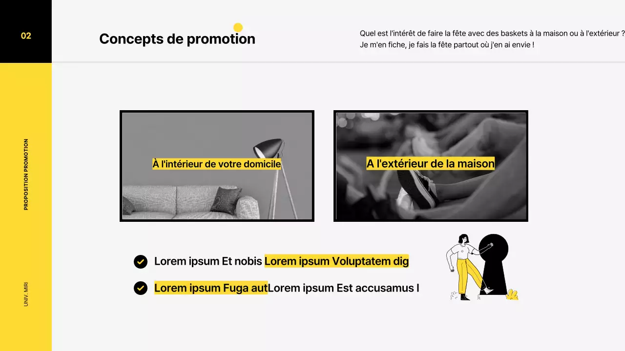 Plan de promotion marketing pour une chaussure de sport avec un concept d'illustration en couleurs vives dans les tons jaunes et noirs.