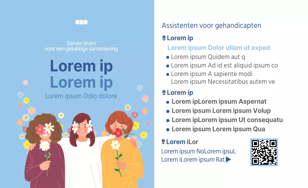 Ontwerp een hotpack voor een overheidskantoor ter promotie van gehandicaptenzaken met kleurrijke bloemen en menselijke illustraties.