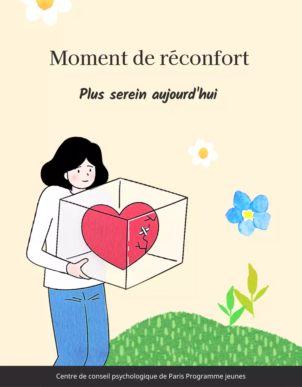 Un centre de conseil psychologique pour les jeunes avec des illustrations chaleureuses et accueillantes dans des tons beiges et primaires.