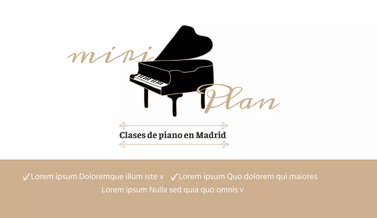 Diseño promocional limpio y sencillo de escuela de piano e instrumentos en tonos beige con una atmósfera tranquilizadora.