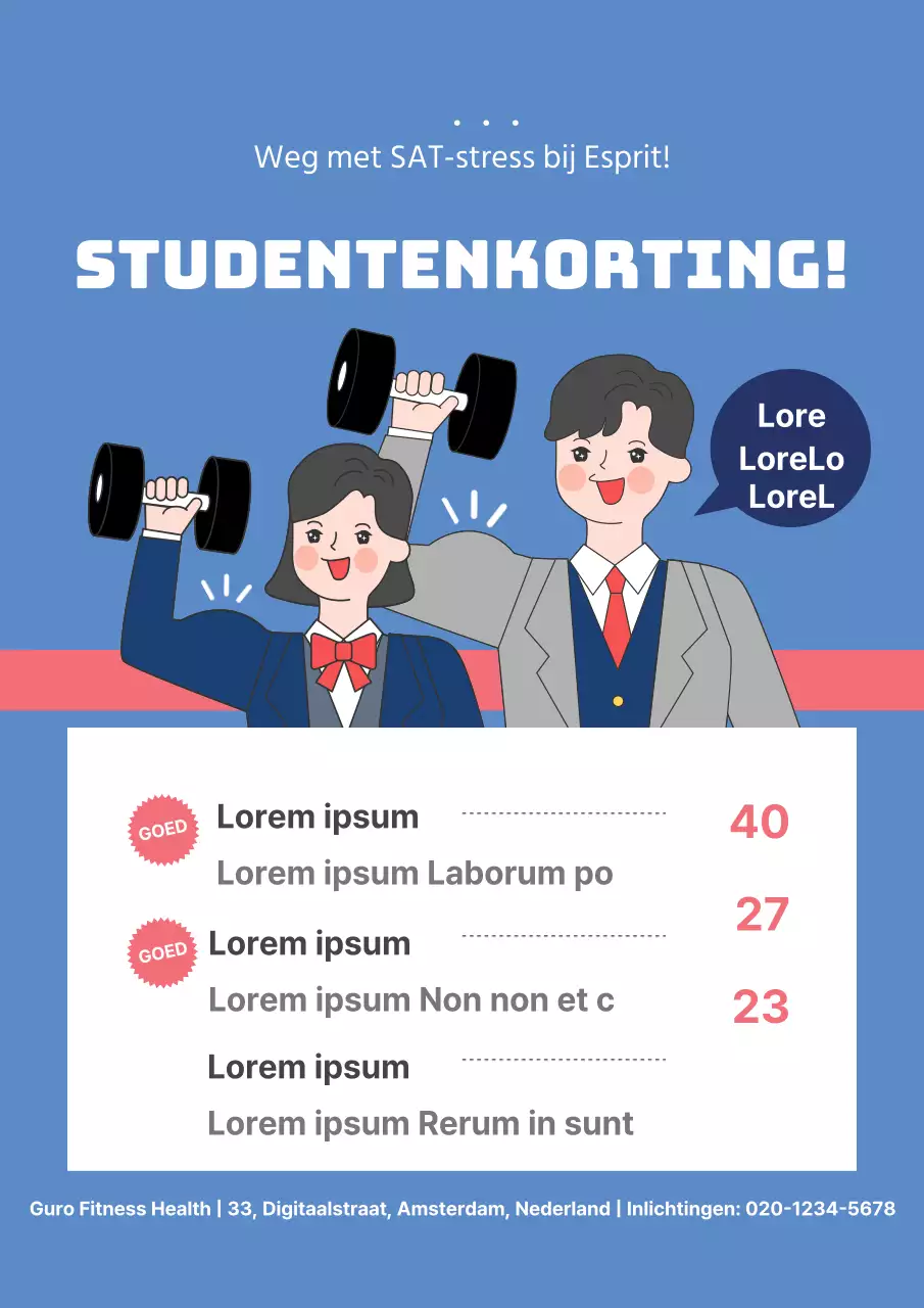 Leuke flyer met korting voor fitnessstudenten in blauw