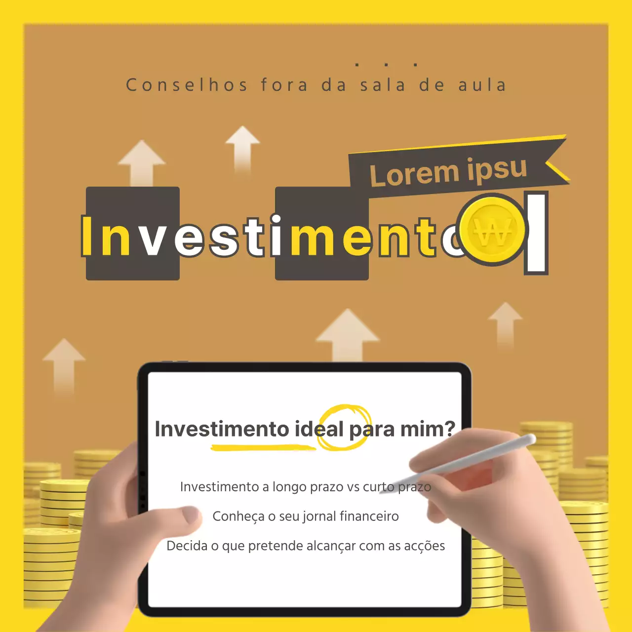 Uma combinação de ilustrações 3D e tipografia em amarelo ocre Tema concetual de estudo de investimento