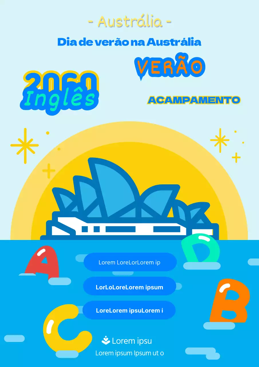 Cartaz de acampamento inglês com uma bonita ilustração azul e amarela da Austrália