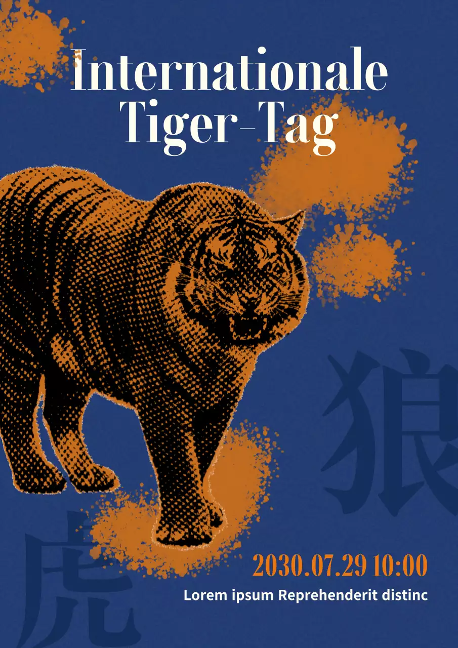 Blau-orangefarbene Vintage-Aktion zum Tiger Day