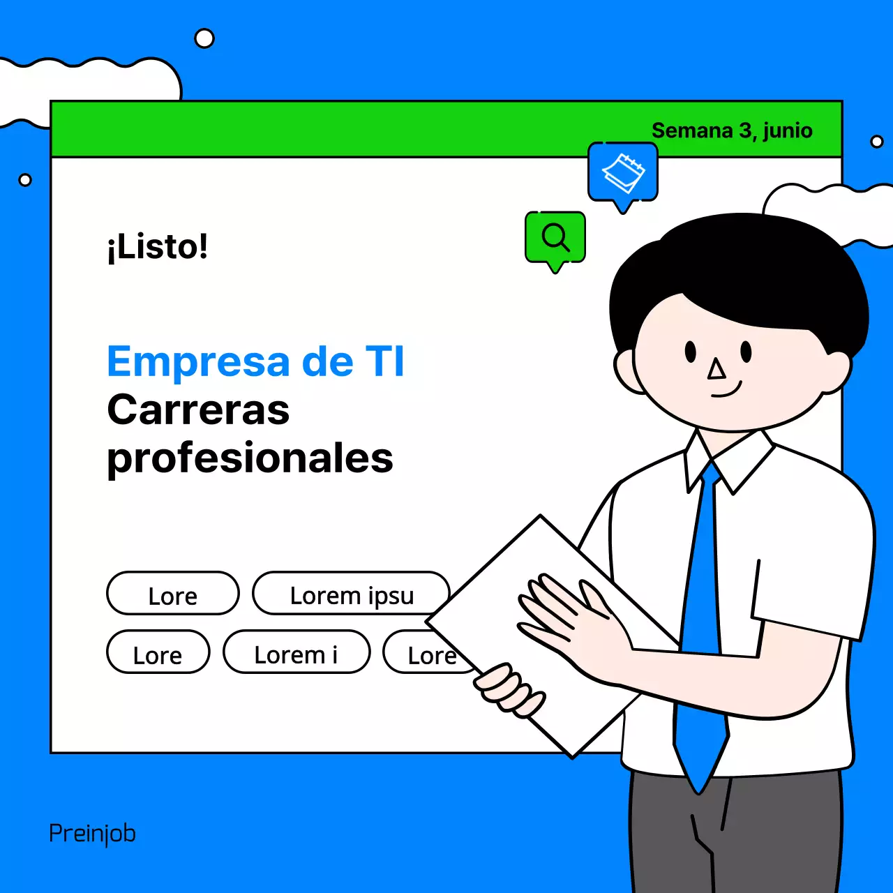 Listados de empleo de empresas de TI con bonitas y sencillas ilustraciones empresariales en azul claro y chartreuse.