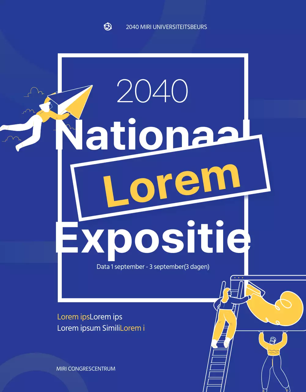 Blauwe en gele illustratie van een toelatingsbeurs voor universiteiten