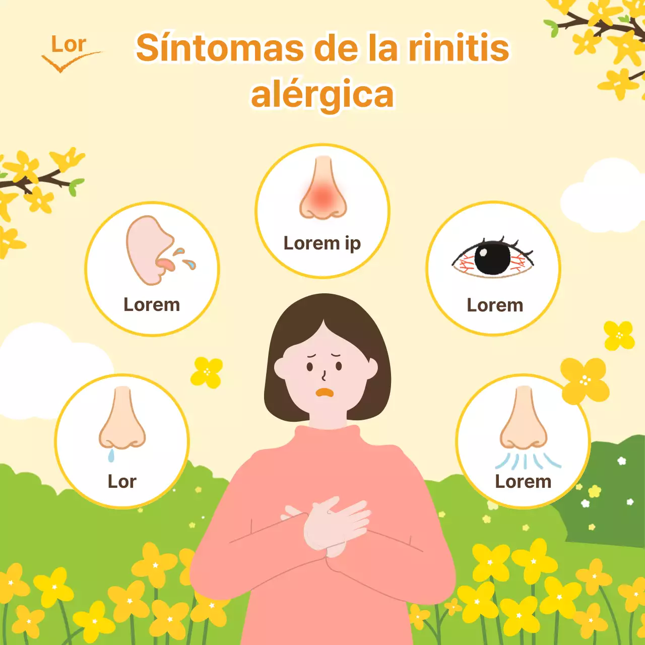 Una ilustración cálida, fresca y primaveral en tonos pastel amarillos y chartreuse para ayudar a prevenir la rinitis alérgica durante la estación primaveral.