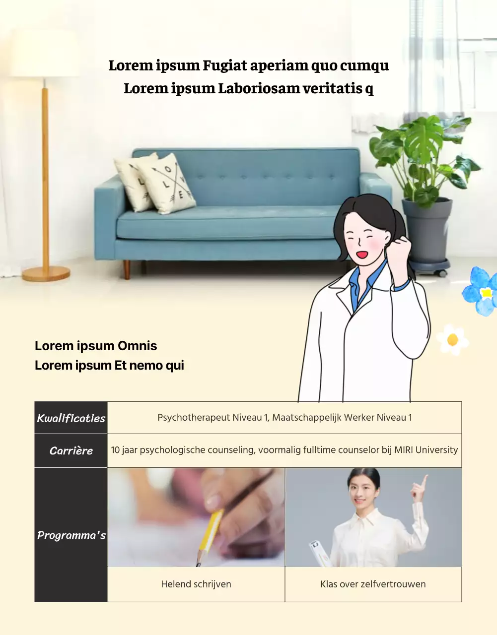 Een jeugdpsychologisch adviescentrum met warme en uitnodigende illustraties in beige en primaire kleuren.