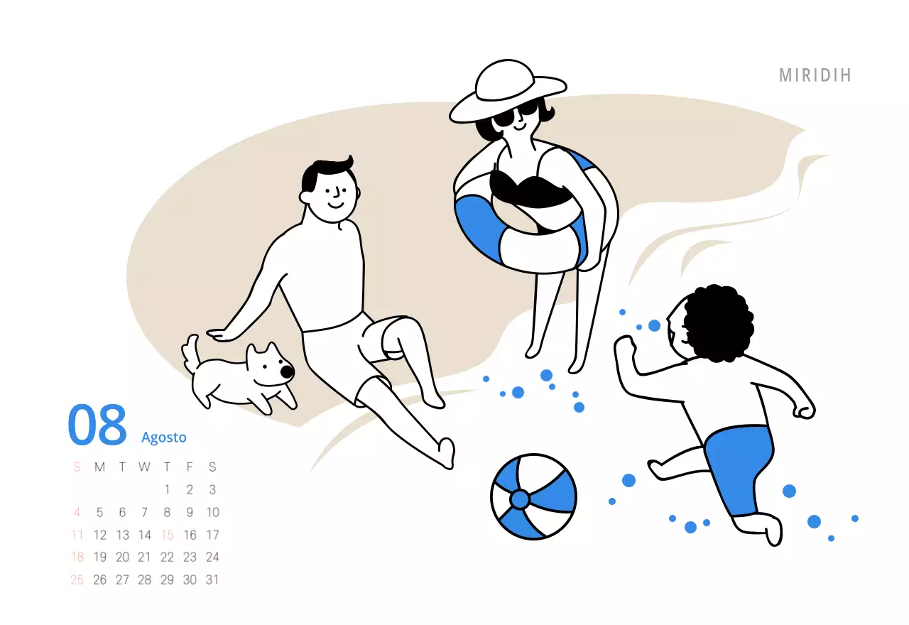 Bonito calendario de sobremesa ilustrado de temática familiar en color verde