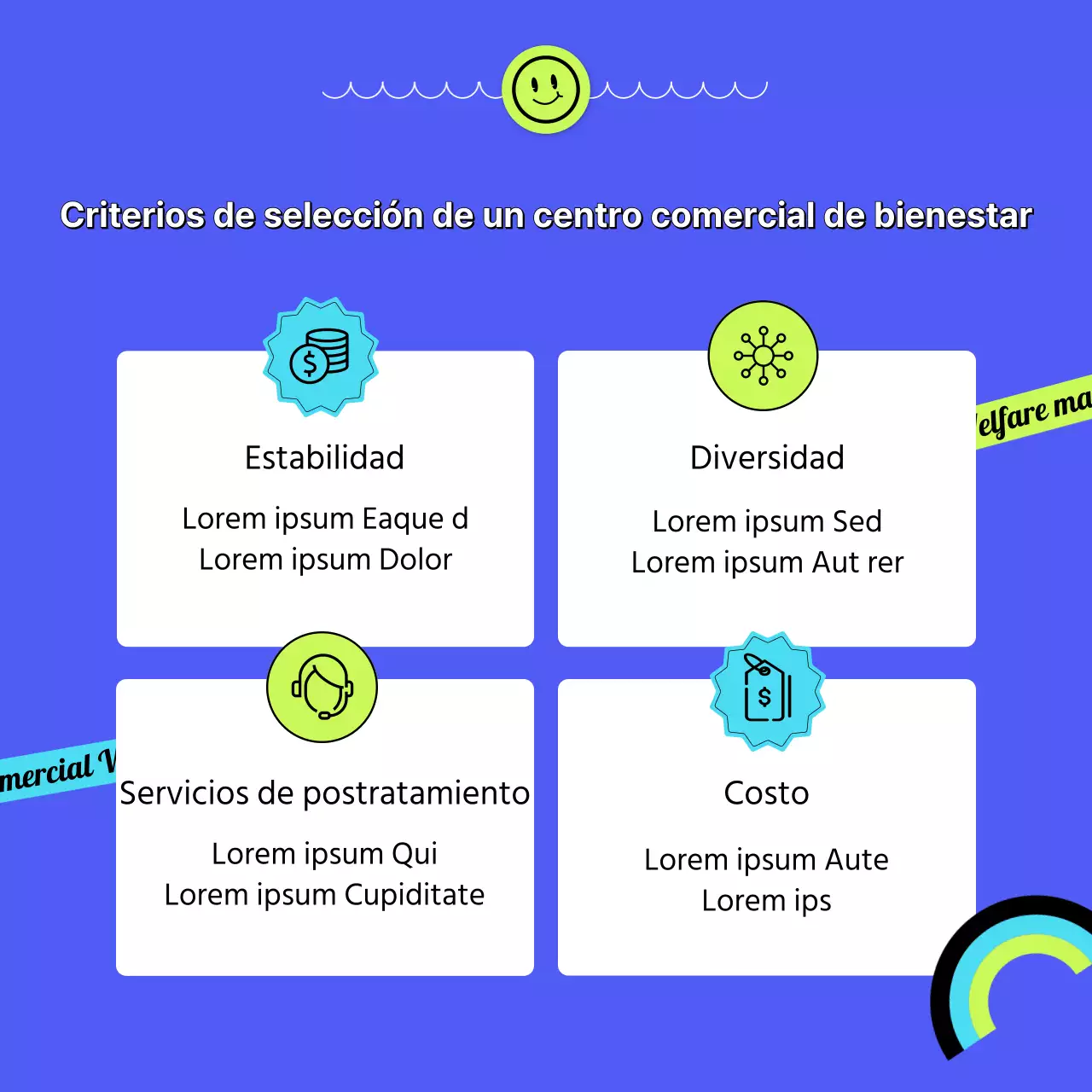 Explicando el centro comercial azul de bienestar corporativo con un concepto de pegatina CardNews