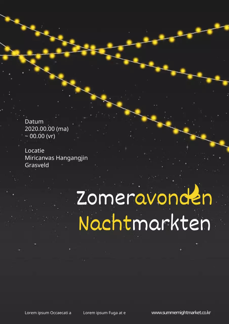 Promoot een avondmarkt met een geel-witte illustratie van een gloeilamp in de nachtelijke hemel