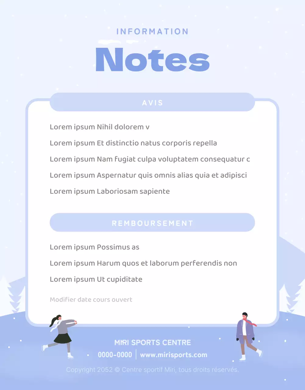 Guide des cours de patinage d'hiver en violet et blanc