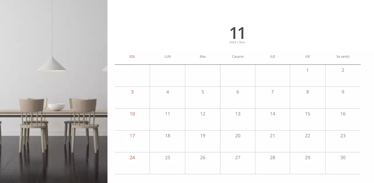 Calendario de interiorismo en blanco y limpio