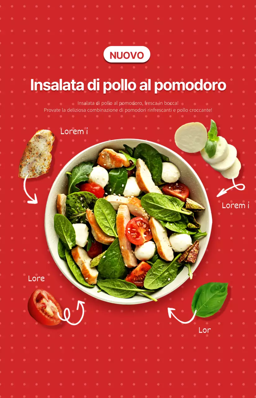 Promuovere un nuovo menu di insalate con uno sfondo a punti bianchi e rossi