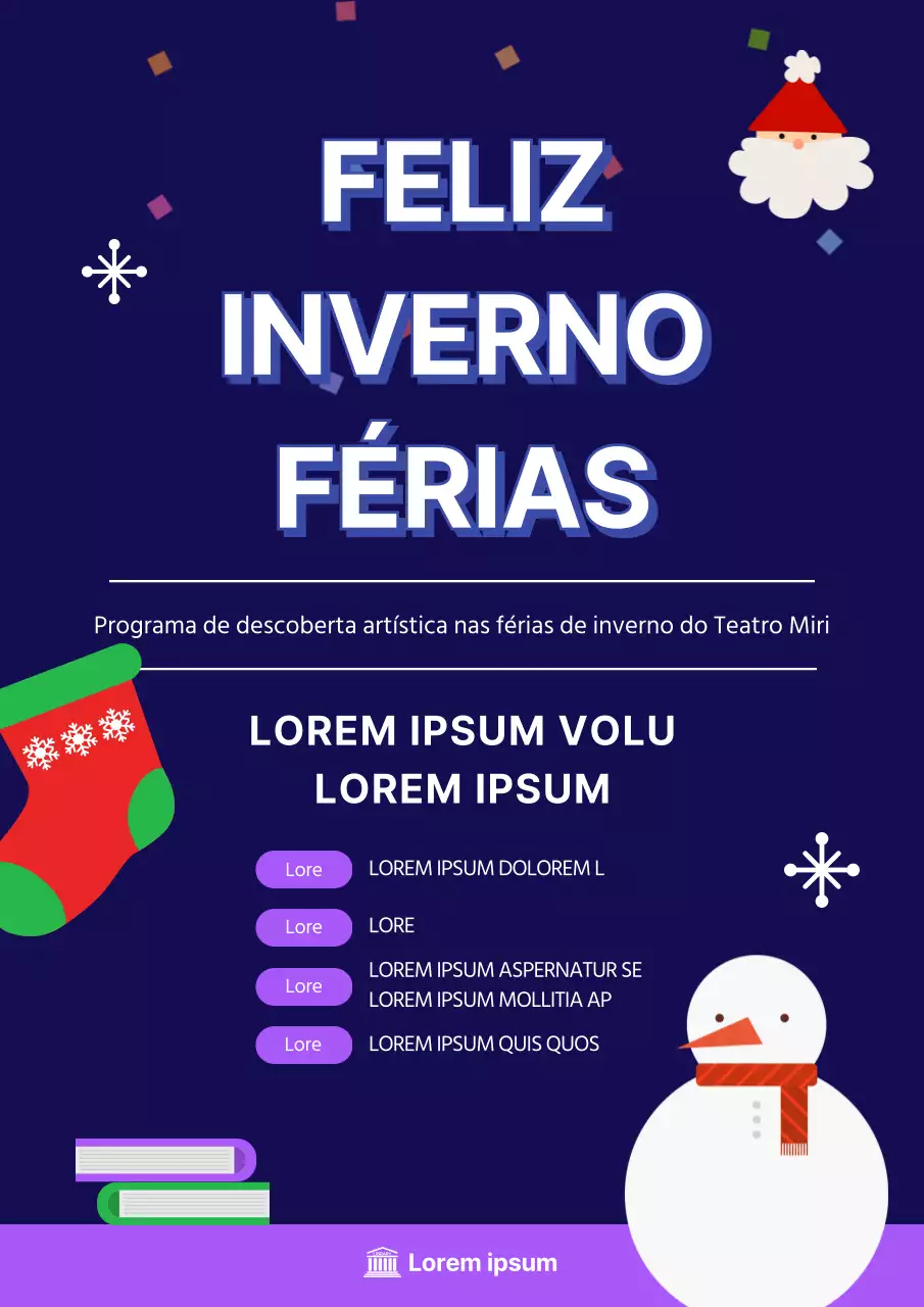 Um programa de férias escolares ilustrado em azul-marinho, com um toque invernal