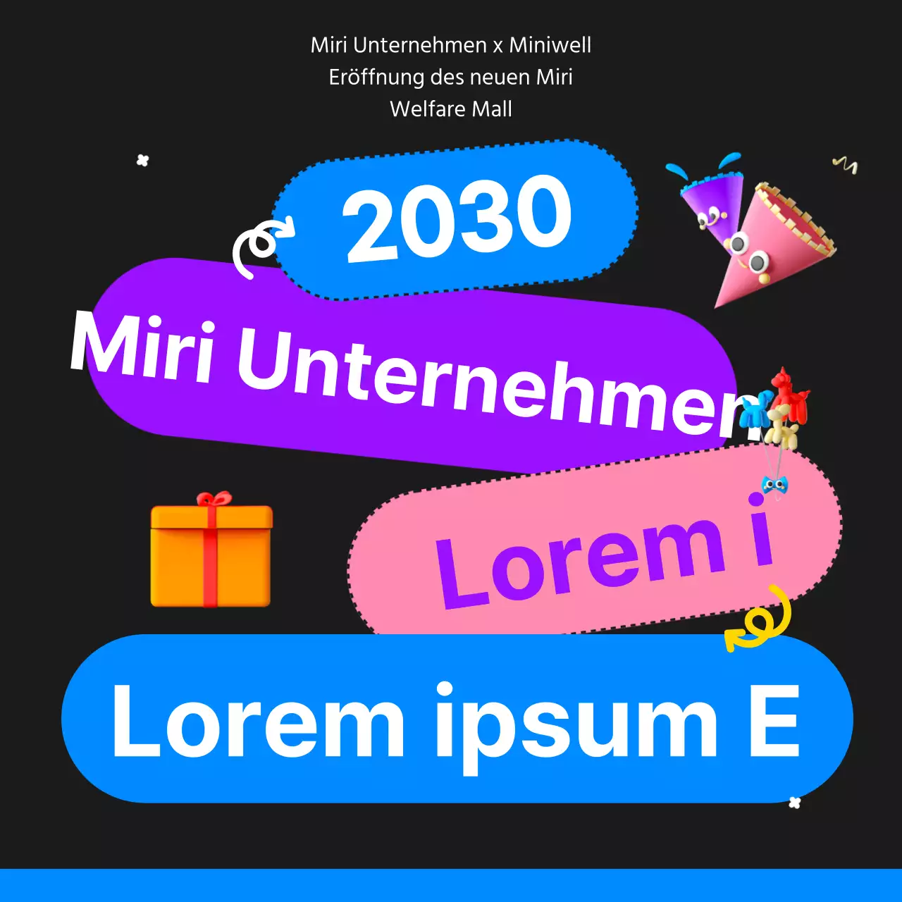 Werbung für die Eröffnung eines kitschigen Wohlfahrtszentrums in Schwarz und Blau