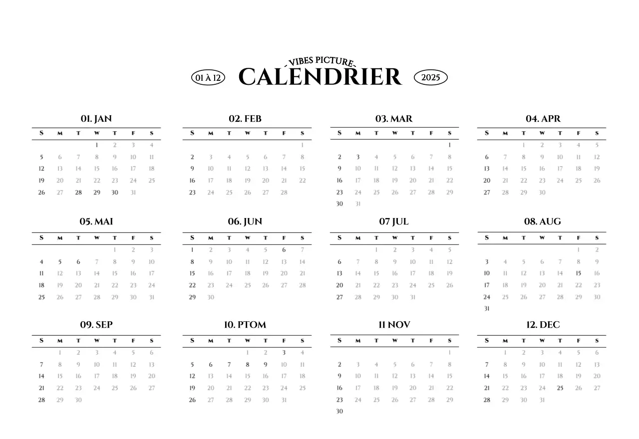 Calendrier mural de style simple avec concept de photographie de voyage émotionnelle en noir et blanc