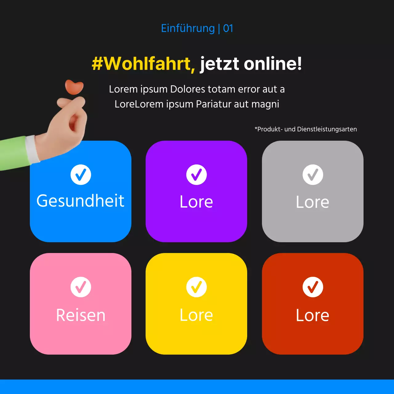 Werbung für die Eröffnung eines kitschigen Wohlfahrtszentrums in Schwarz und Blau