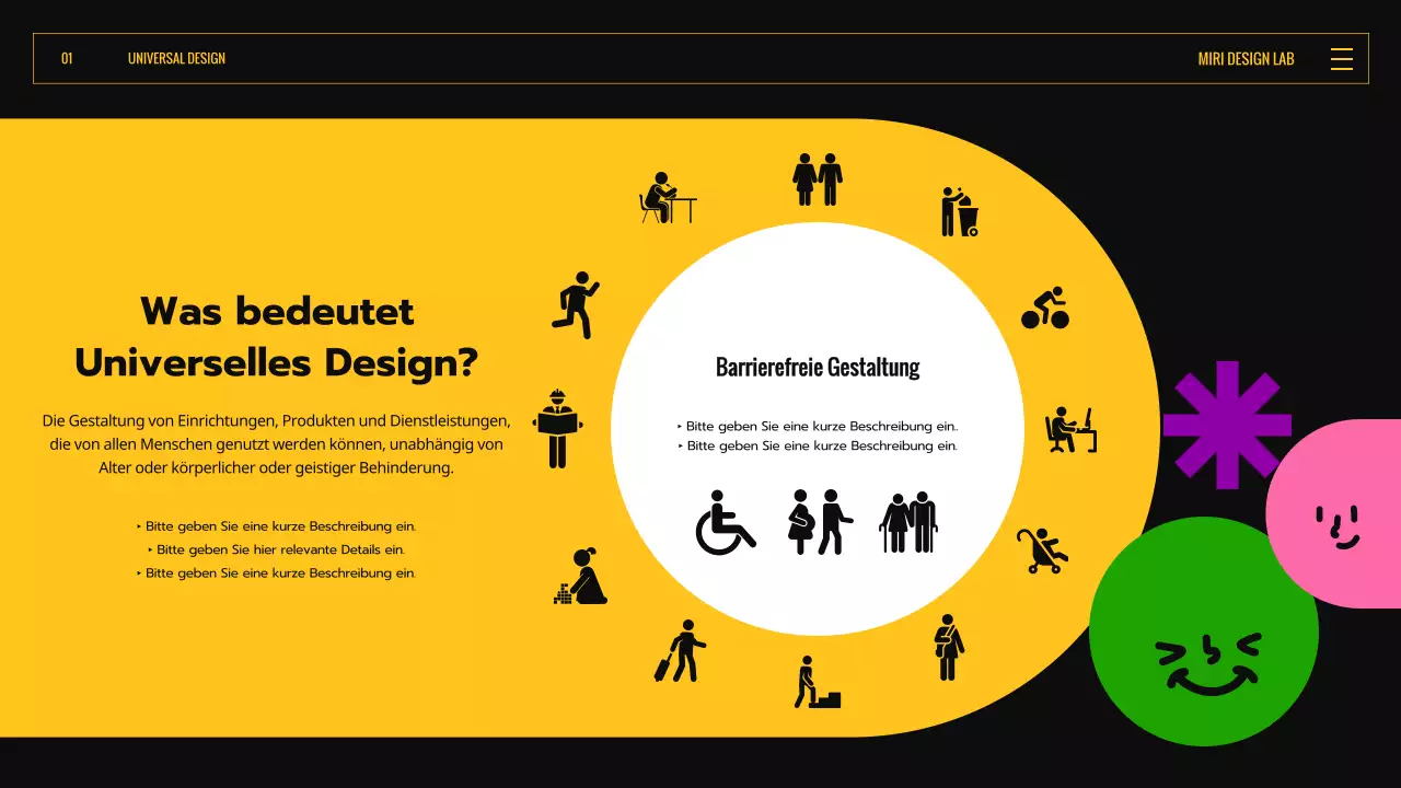 Einführung in das Universelle Design mit schwarz-gelben ausdrucksstarken Formen