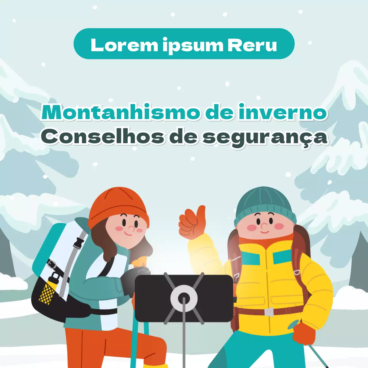 Ilustrações giras em azul claro e verde Conselhos de segurança para as montanhas de inverno